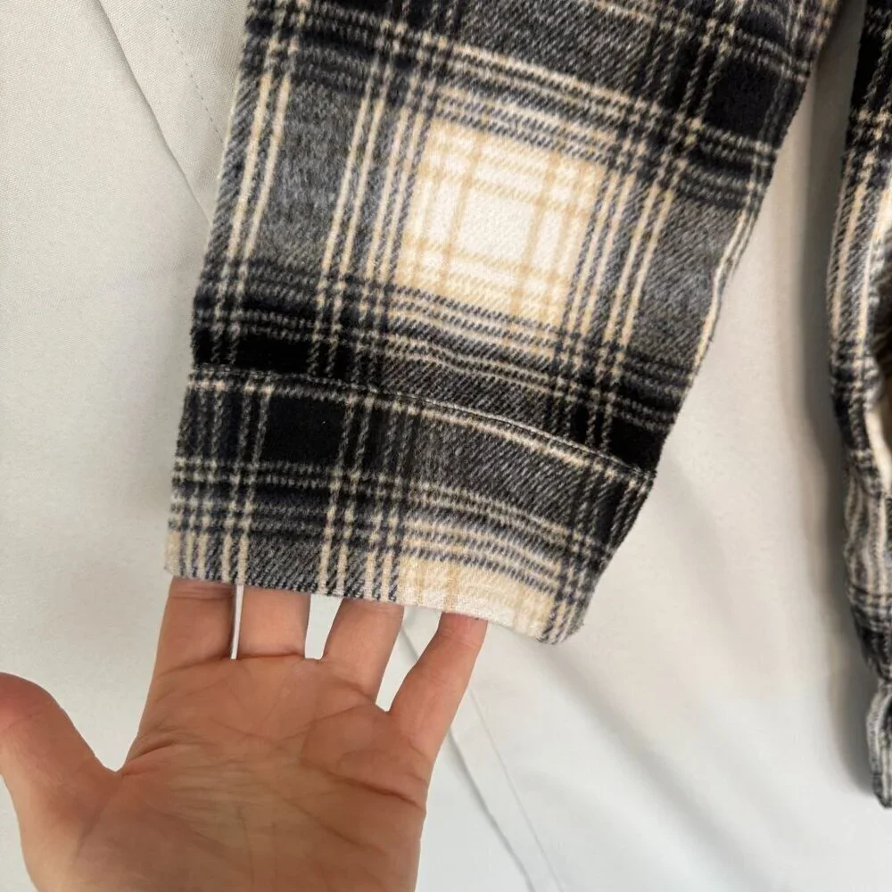 Banana Republic Flannel Black Ivory Plaid Long Line Oversized Shacket Size XL
